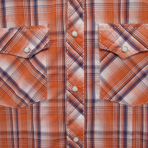 Wrangler Shirt Adult 2XL XXL Pearl Snap Orange Blue Tartan Plaid Men Button Down - Picture 2 of 15